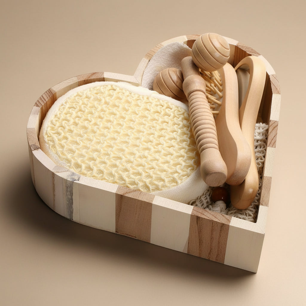 Set of wooden bath tools including a loofah in a decorative wooden holder on a white background