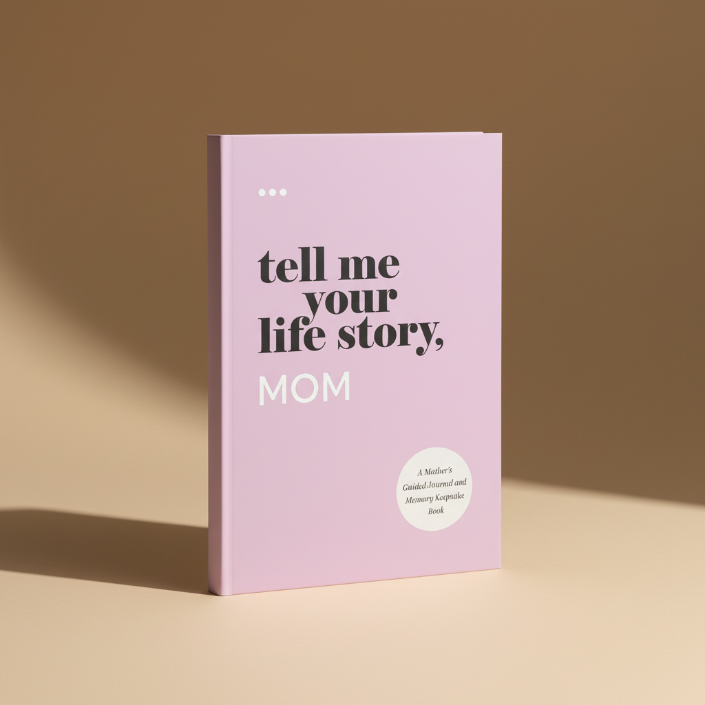 Pink book titled 'Tell me your life story, Mom' on a white background