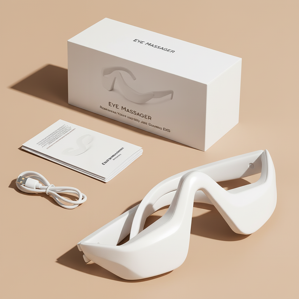 White eye massager with packaging and user manual on a light gray background