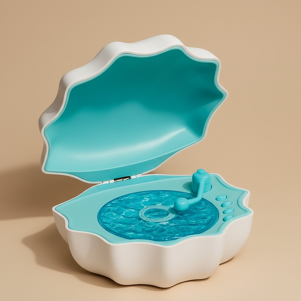 Shell-shaped container with a blue interior and water-like texture on a white background