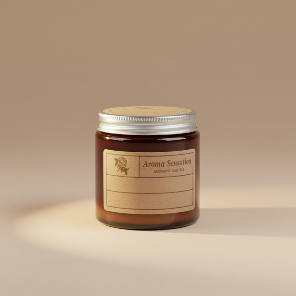Candle jar with a label on a white background