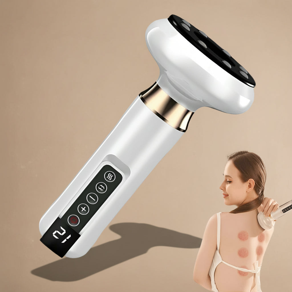 White handheld device with black top on a gray background, used for body treatment.