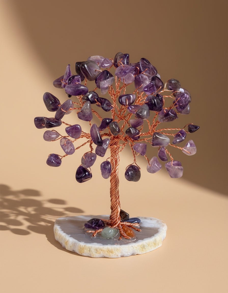 Amethyst crystal tree on a white background