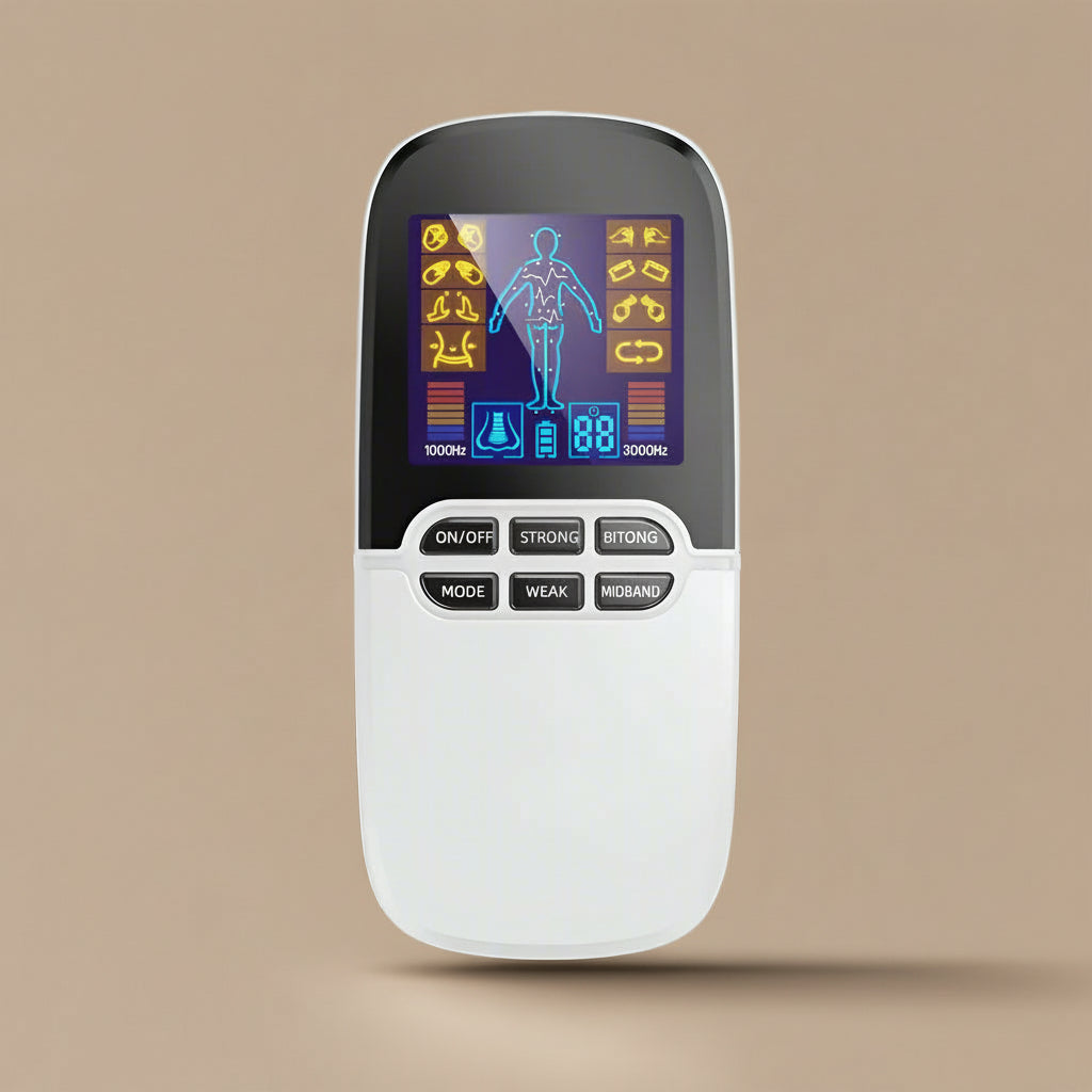 White electronic device with digital display on a gray background