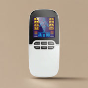 White electronic device with digital display on a gray background