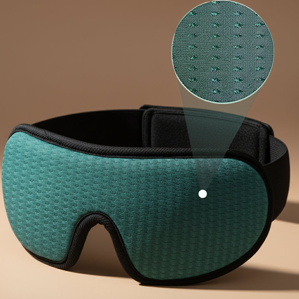 Teal sleep mask with black straps on a gray background