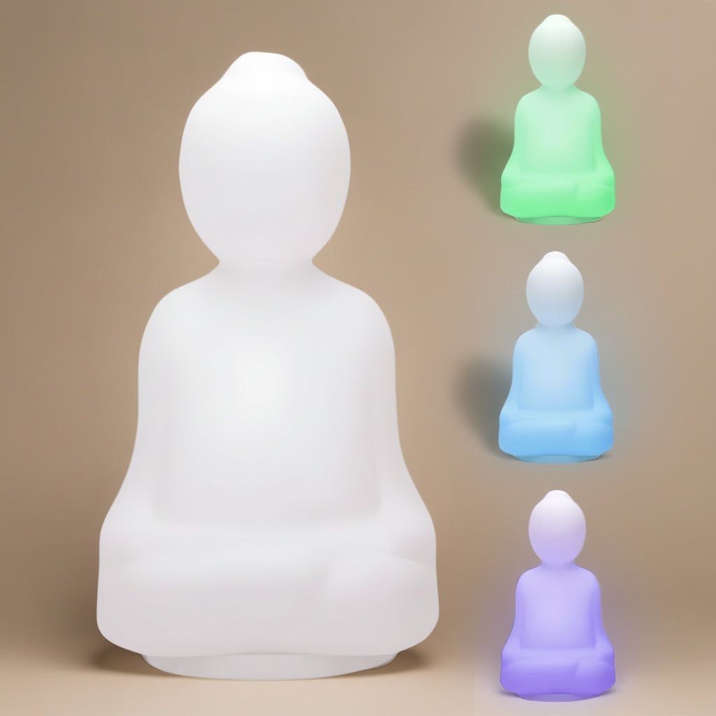 Set of glowing white figures with green, blue, and purple lights on a gray background