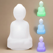 Set of glowing white figures with green, blue, and purple lights on a gray background
