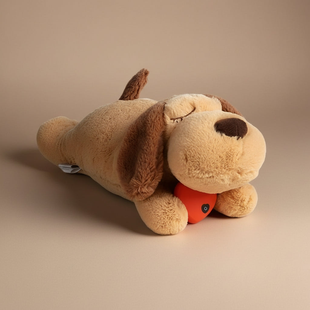 Plush dog toy with a red heart on a white background
