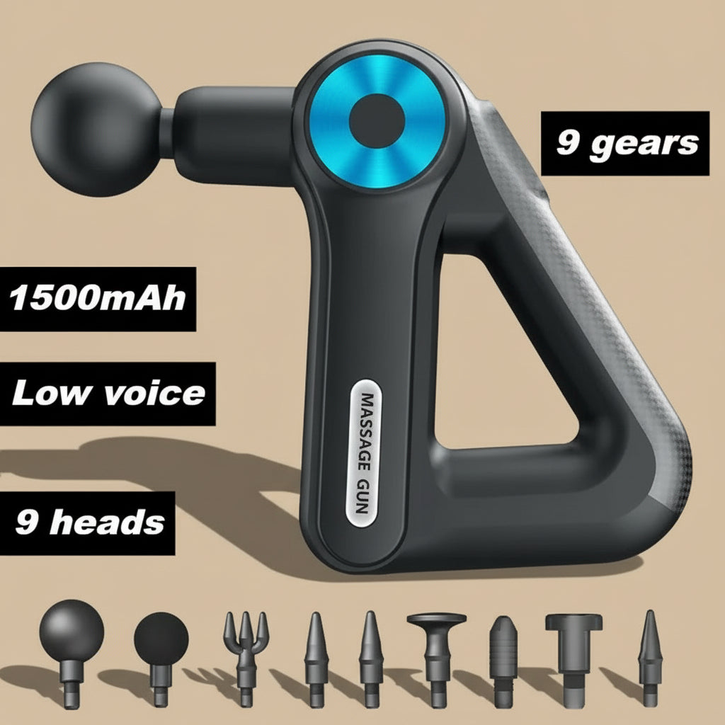 Massage gun with attachments on a white background
