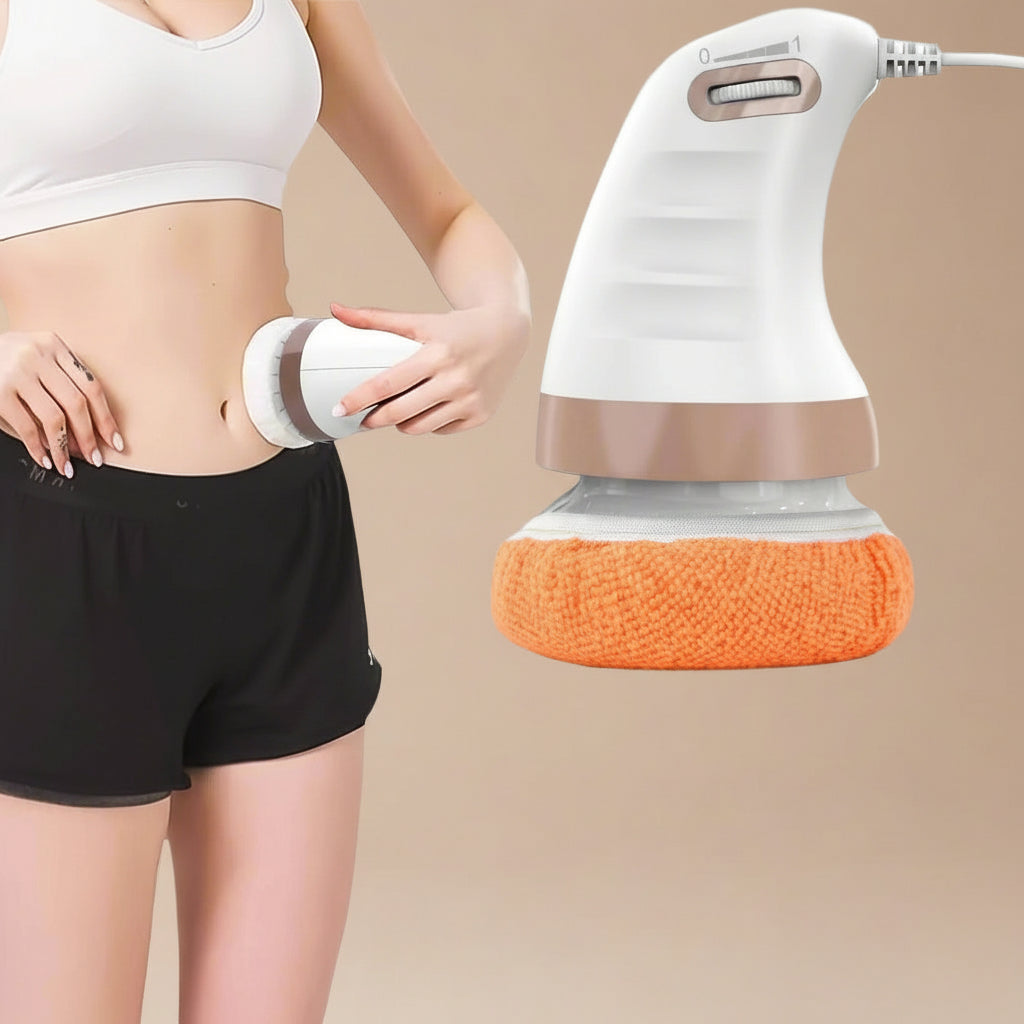 Person using a handheld device on their abdomen with a close-up of the device on a gray background