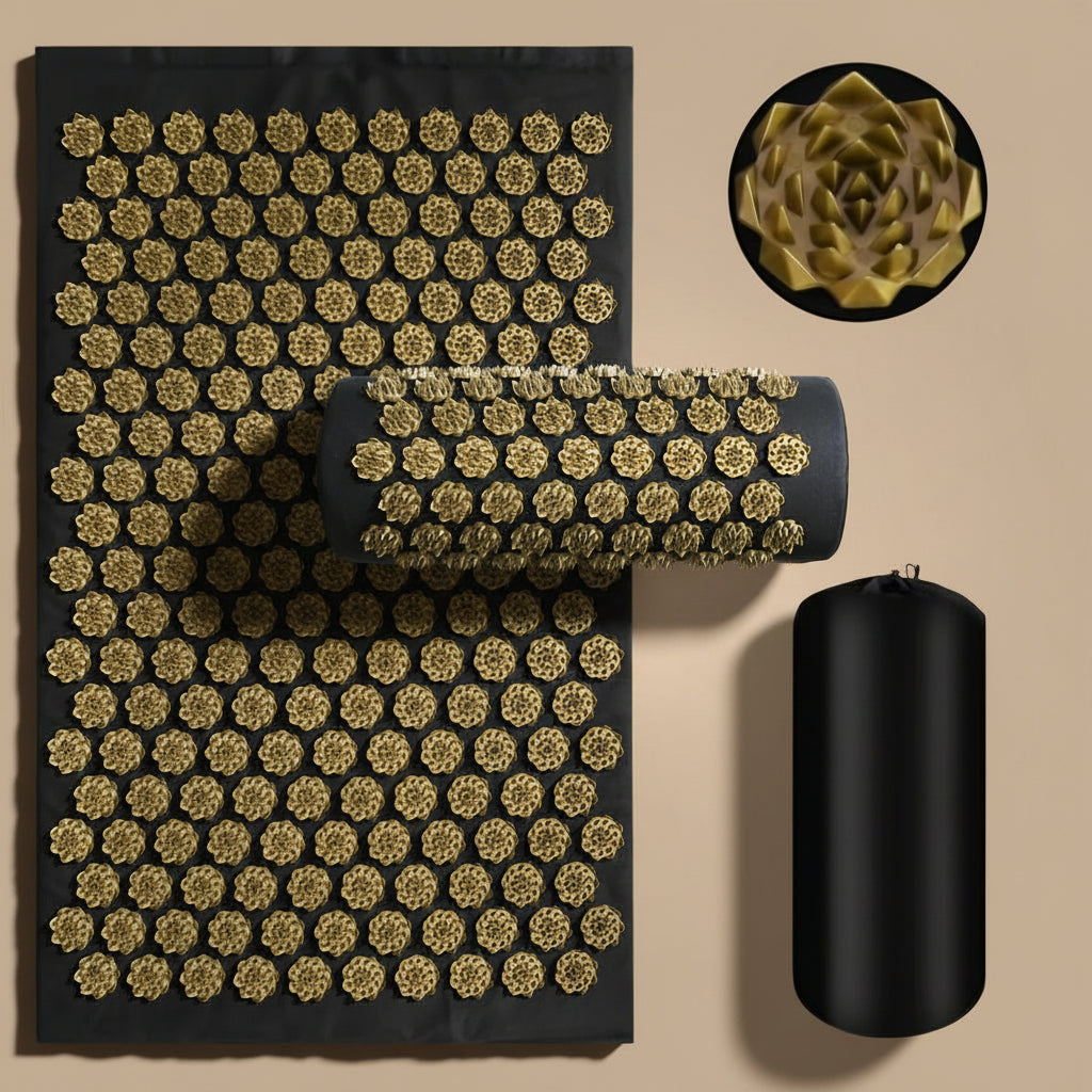 Acupressure mat with gold needles and black roller on a gray background