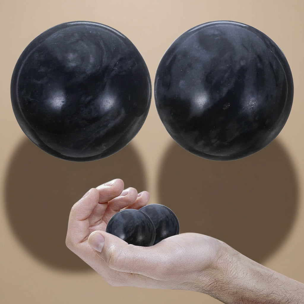 Two black massage balls being held in a hand against a neutral background