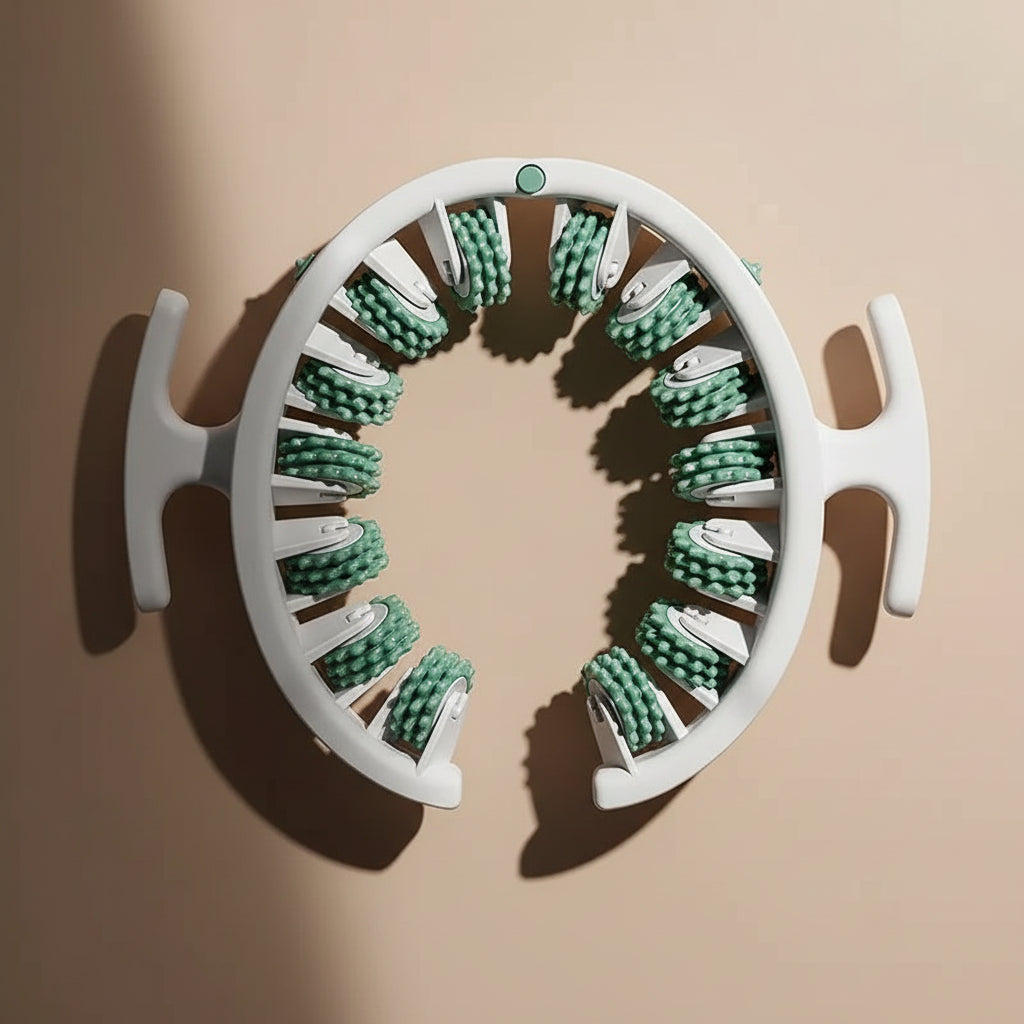 White and green circular grooming tool on a light green background