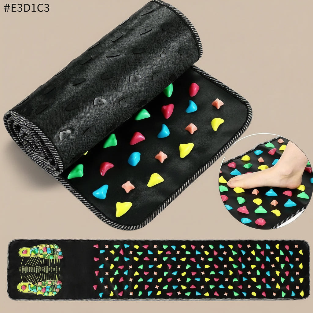 Black mat with colorful textured shapes and a close-up of a foot on a similar mat.