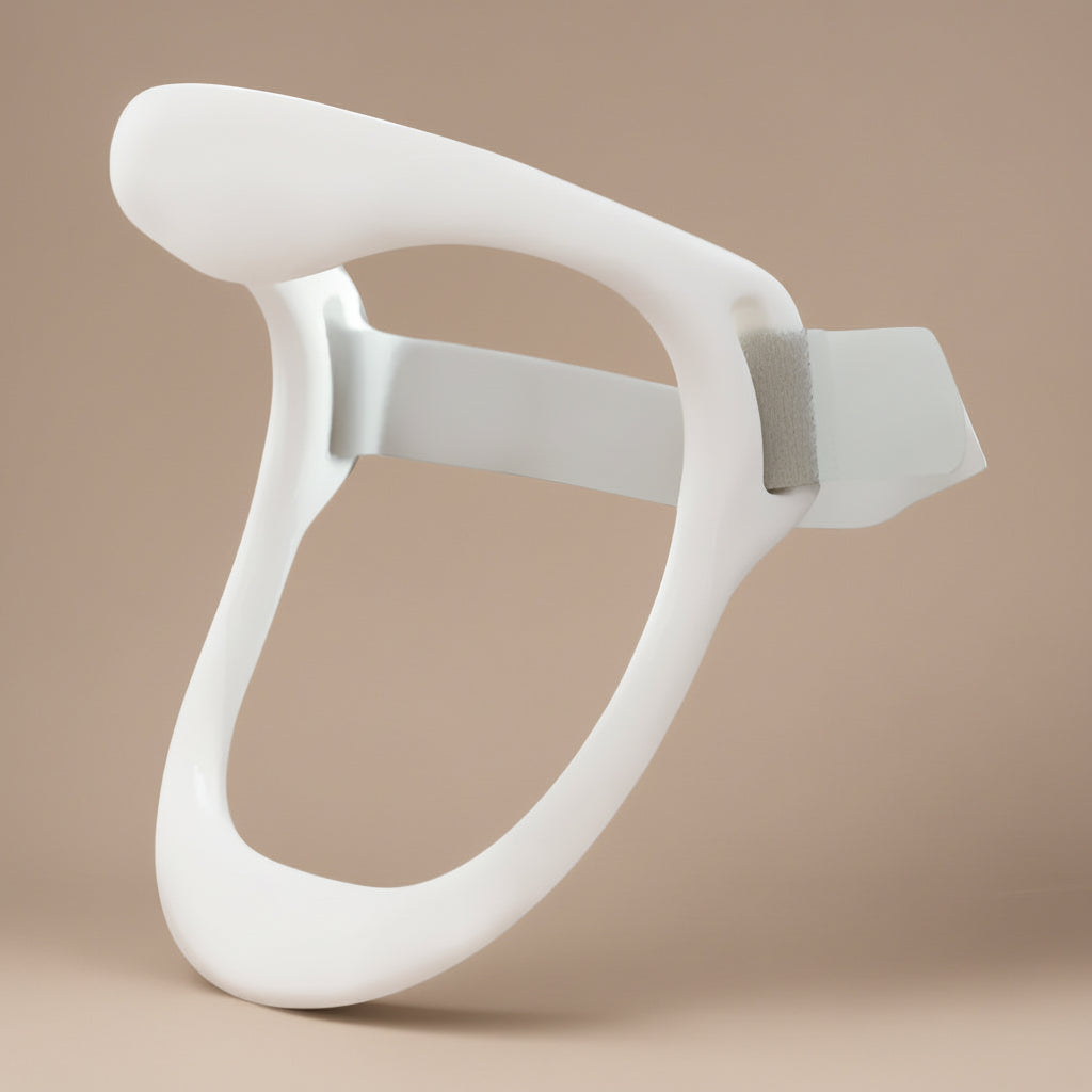 White U-shaped product with a strap on a white background