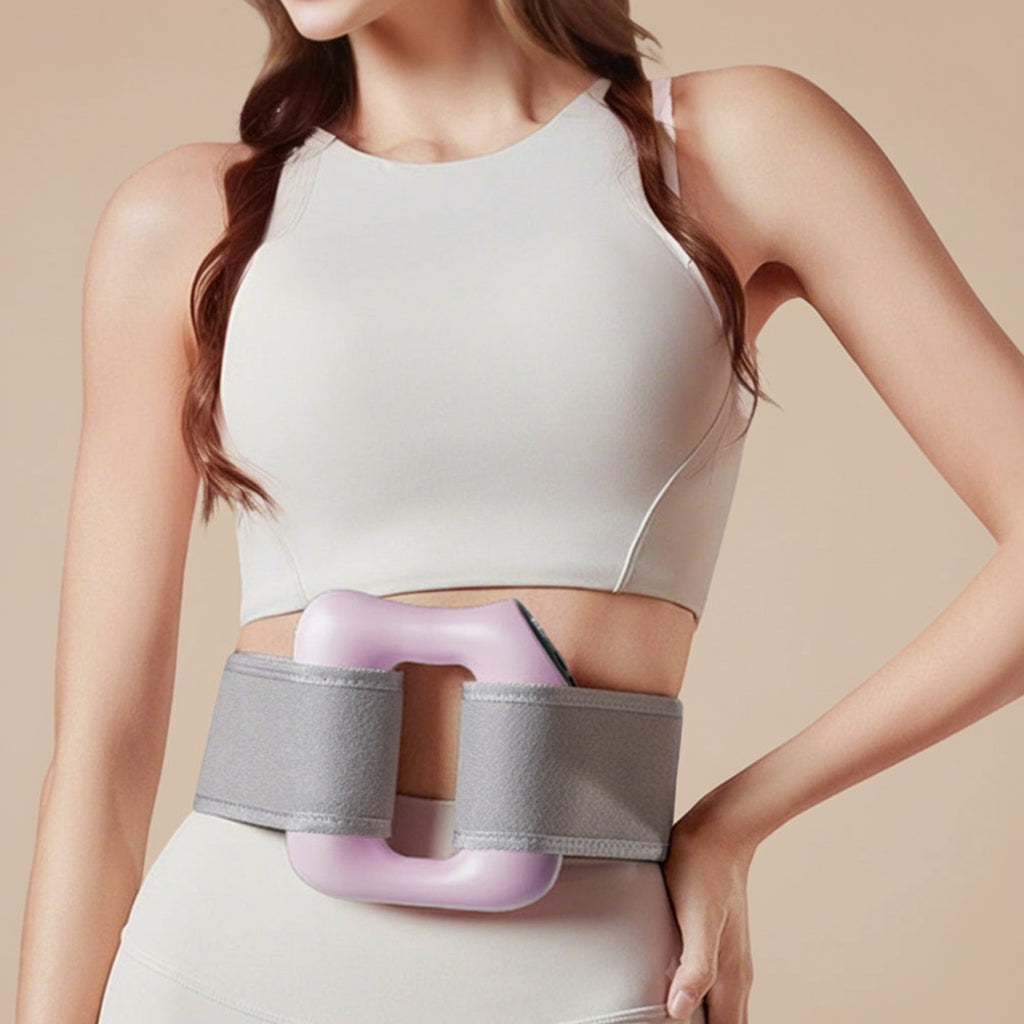 Woman wearing a waist trainer with a pink and gray design on a plain background