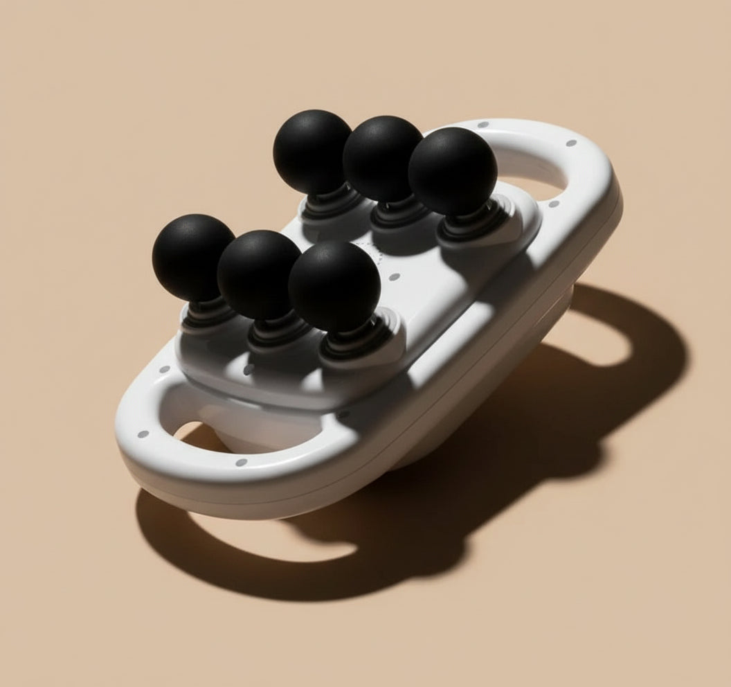 White handheld massager with black massage heads on a white background