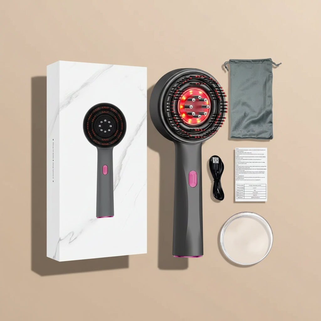 Handheld device with red light and black casing, surrounded by packaging and accessories on a white background.