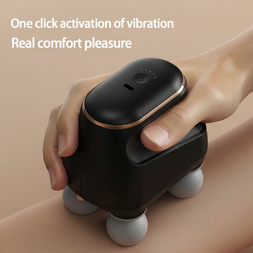 Hand holding a black and white handheld massager with text about vibration activation on a dark background