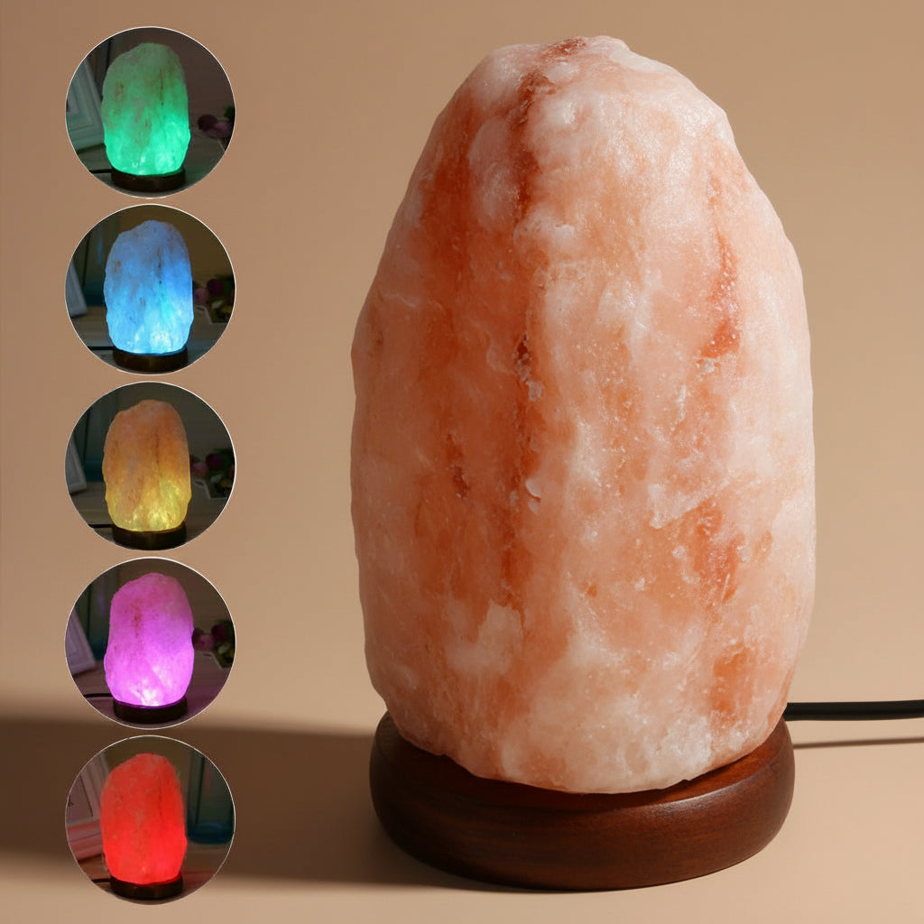 Himalayan salt lamp with wooden base and color-changing options on a white background
