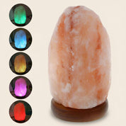 Himalayan salt lamp with color-changing options displayed on the background