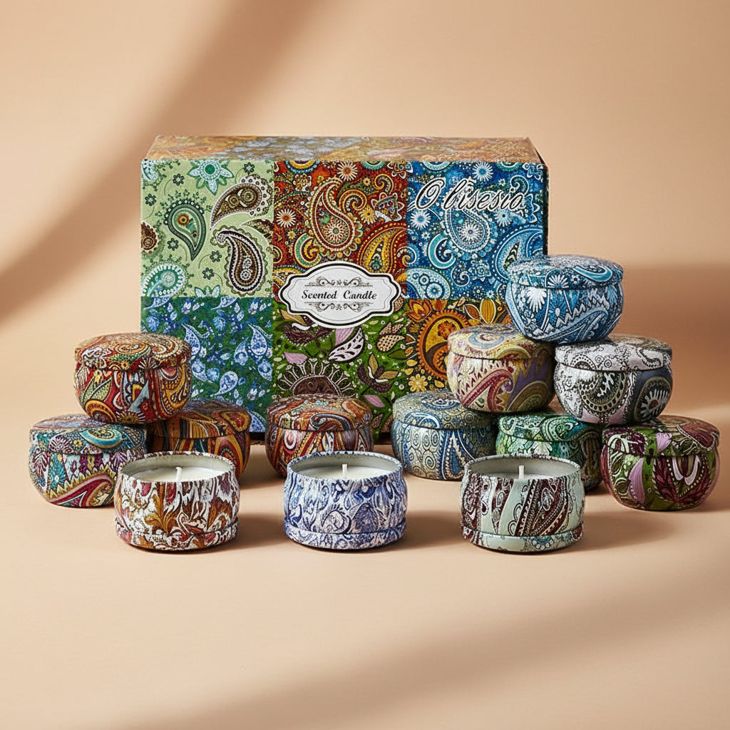 Collection of patterned candles with a decorative box on a light gray background