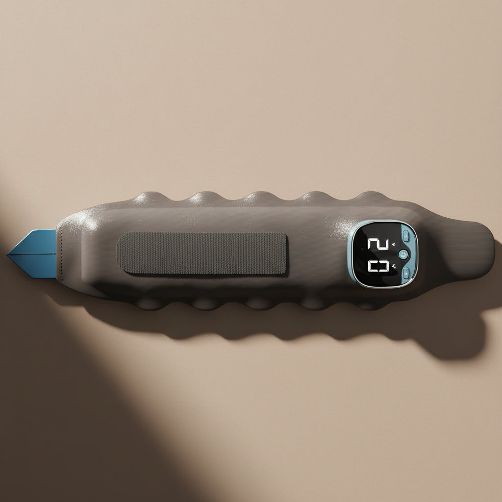 Gray and blue digital device on a gray background