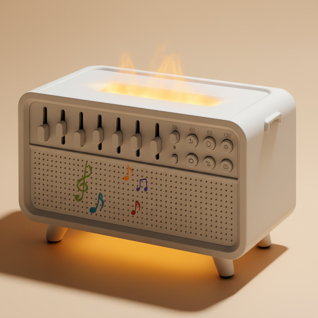White electronic device with flame effect on a light gray background