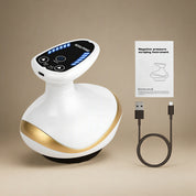 White and gold electronic device with USB cable and packaging on a white background