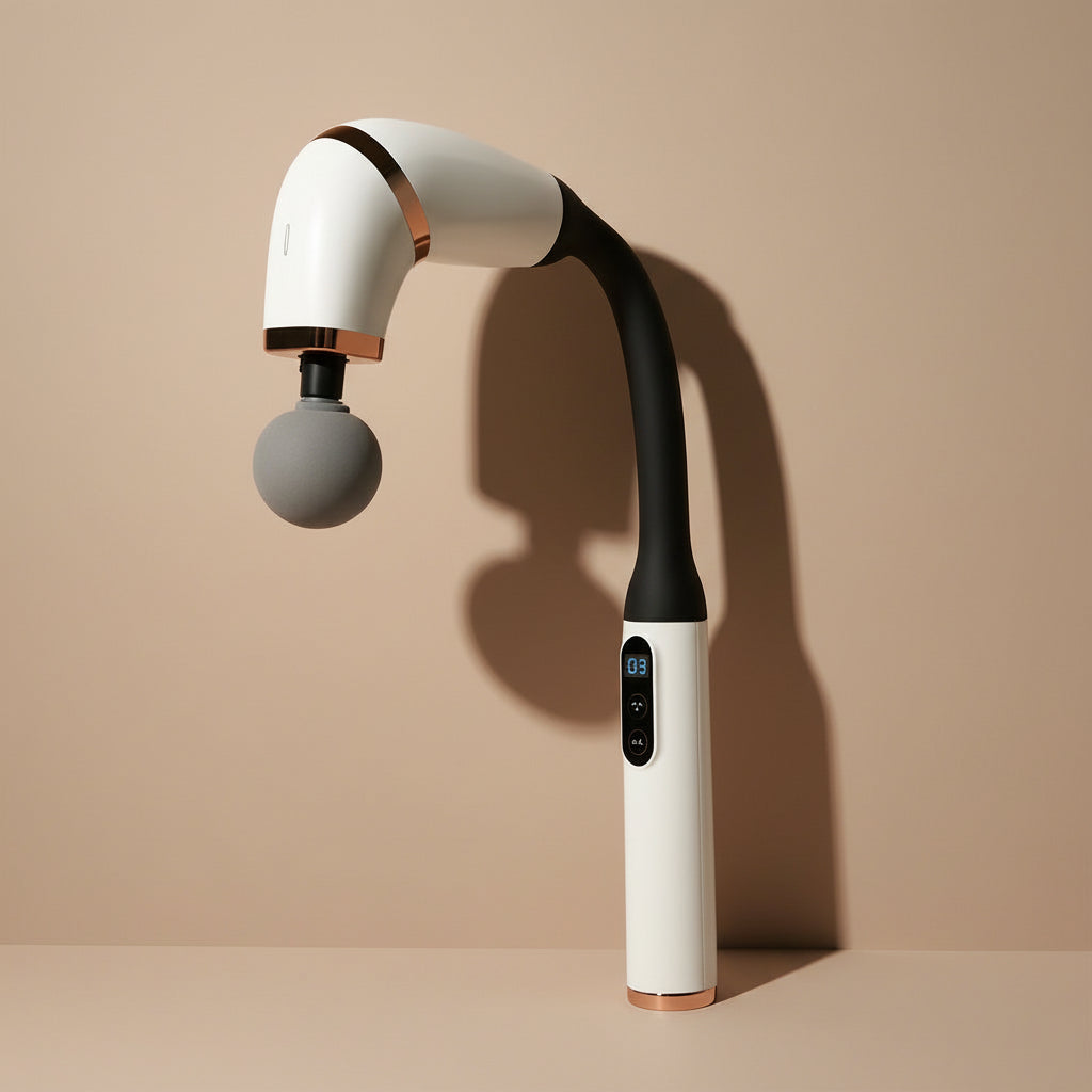 White handheld massage device with black handle on a gray background