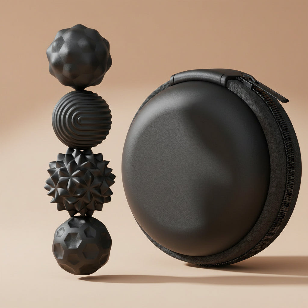 Black textured ball set with a matching black zippered case on a light gray background