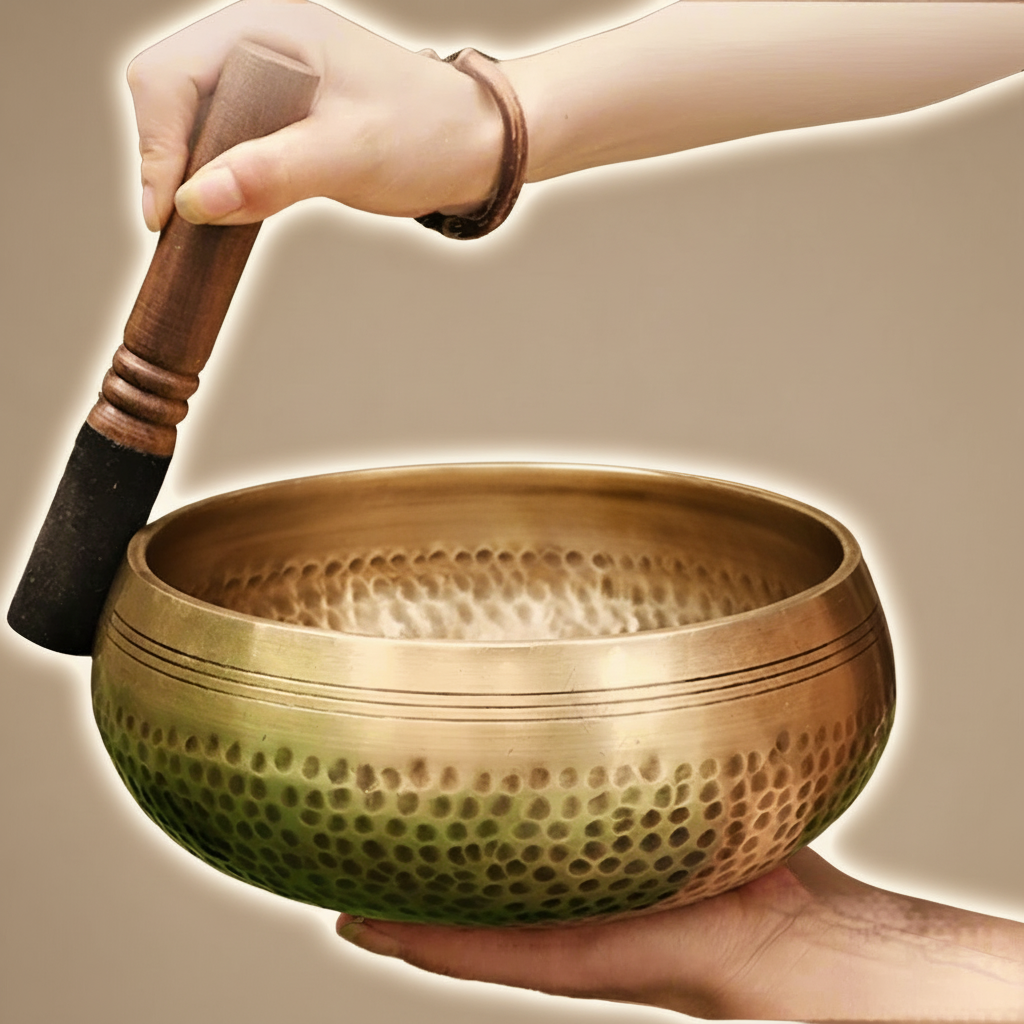 Person holding a bronze singing bowl with a wooden mallet, with water splashing inside.
