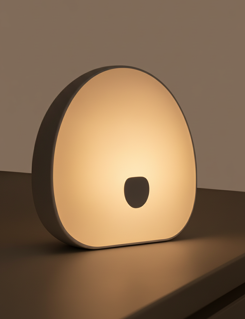 Round night light on a surface with a blurred background