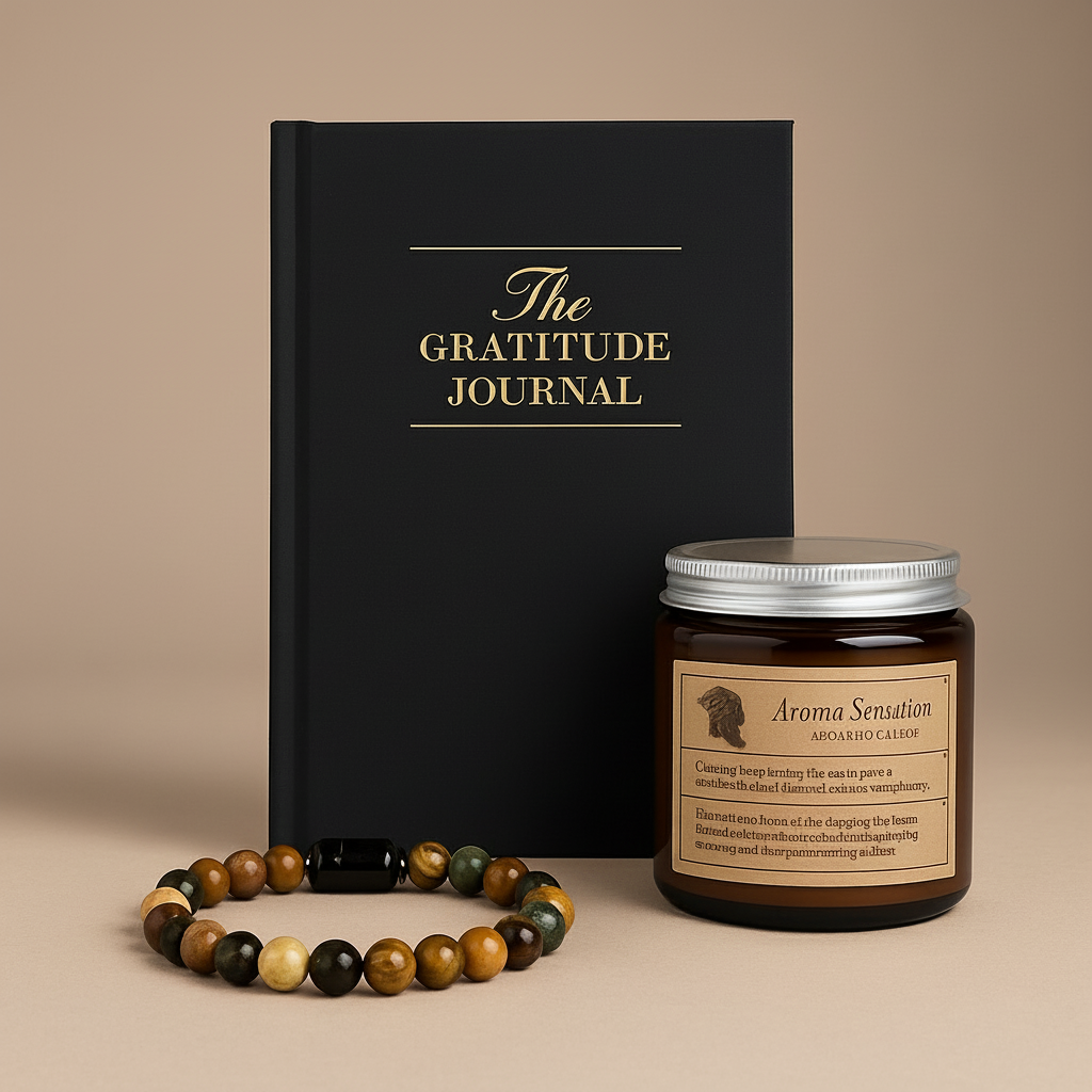 Black 'The Gratitude Journal' with a candle and beaded bracelet on a gray background